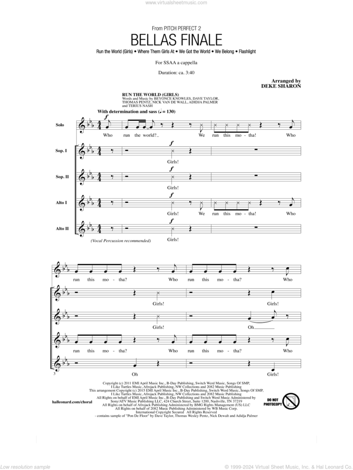 Bellas Finale sheet music for choir (SSAA: soprano, alto) by Beyonce, Deke Sharon, Adidja Palmer, Beyonce Knowles, Beyonce, Dave Taylor, Nick Van De Wall, Terius Nash and Thomas Wesley Pentz, intermediate skill level