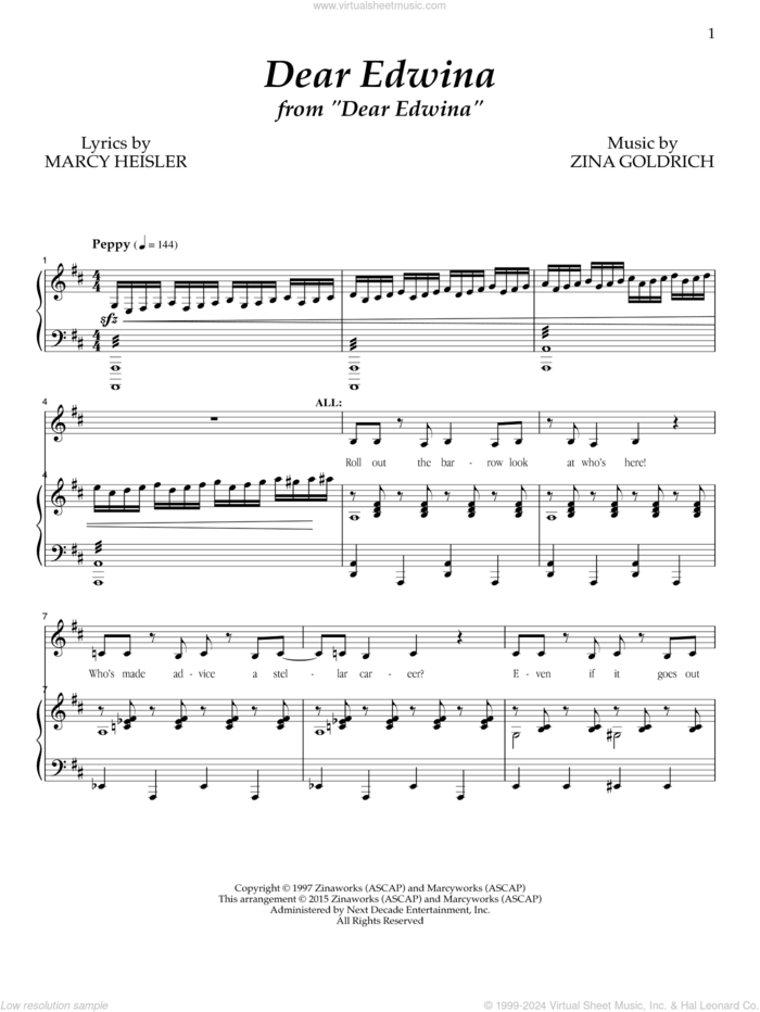 Dear Edwina sheet music for voice and piano by Goldrich & Heisler, Marcy Heisler and Zina Goldrich, intermediate skill level