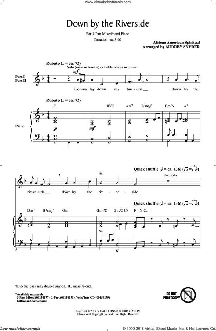 Down By The Riverside sheet music for choir (3-Part Mixed) by Audrey Snyder and Miscellaneous, intermediate skill level