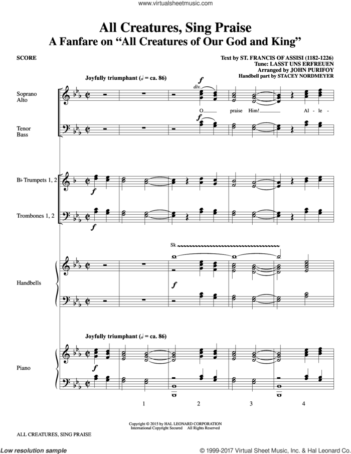 All Creatures, Sing Praise (COMPLETE) sheet music for orchestra/band by John Purifoy, Francis of Assisi, Geistliche Kirchengesang and William Henry Draper, intermediate skill level