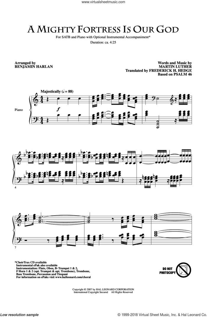 A Mighty Fortress Is Our God sheet music for choir (SATB: soprano, alto, tenor, bass) by Martin Luther, Benjamin Harlan, Frederick H. Hedge and Miscellaneous, intermediate skill level