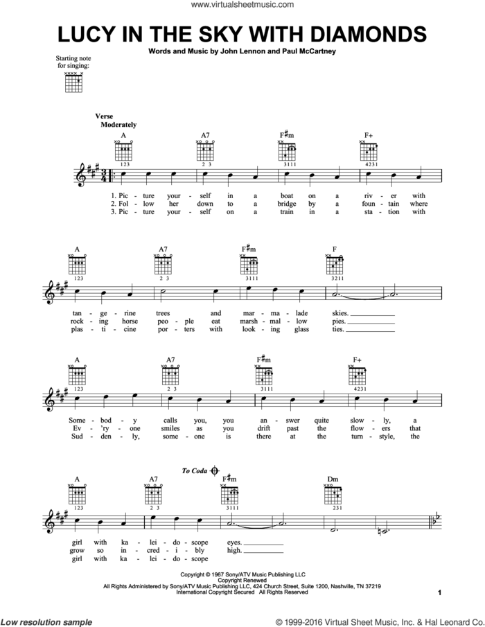 Lucy In The Sky With Diamonds sheet music for guitar solo (chords) by The Beatles, Elton John, John Lennon and Paul McCartney, easy guitar (chords)