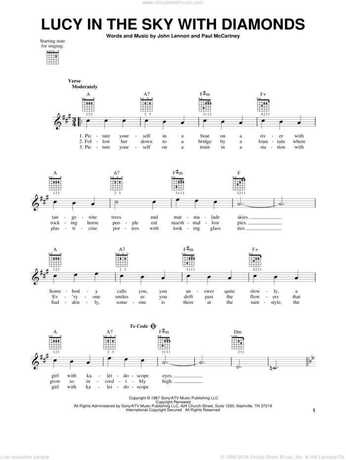 Lucy In The Sky With Diamonds sheet music for guitar solo (chords) by The Beatles, Elton John, John Lennon and Paul McCartney, easy guitar (chords)