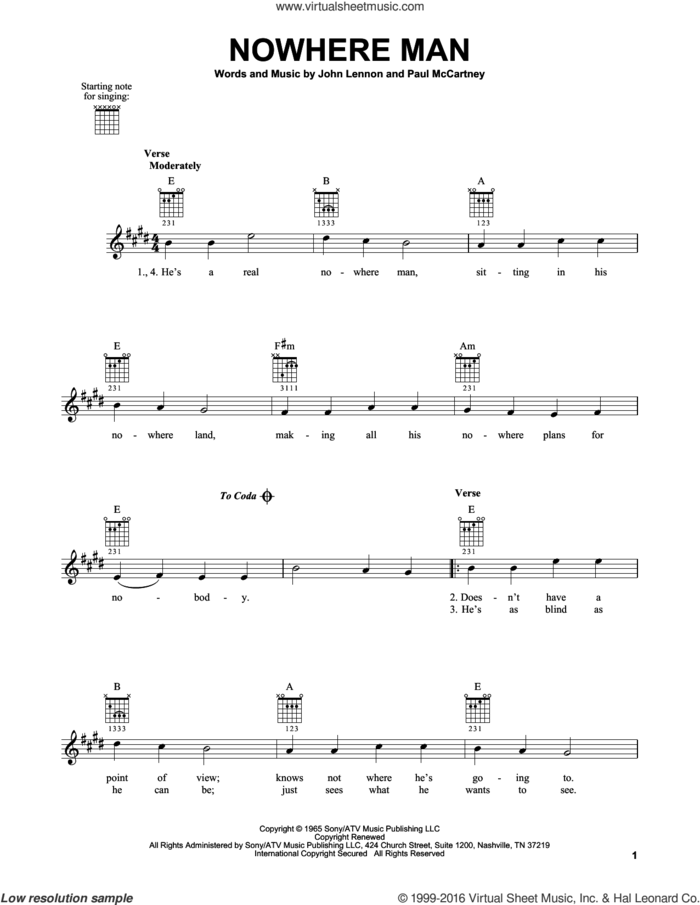 Nowhere Man sheet music for guitar solo (chords) by The Beatles, John Lennon and Paul McCartney, easy guitar (chords)