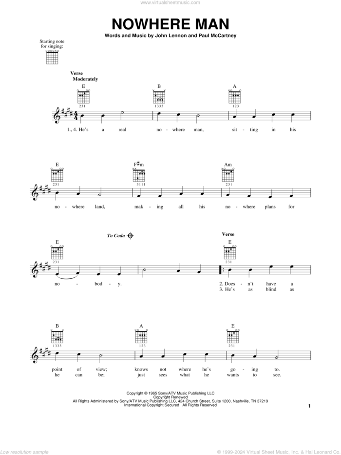 Nowhere Man, (easy) sheet music for guitar solo (chords) by The Beatles, John Lennon and Paul McCartney, easy guitar (chords)