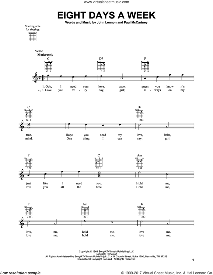 Eight Days A Week sheet music for guitar solo (chords) by The Beatles, John Lennon and Paul McCartney, easy guitar (chords)