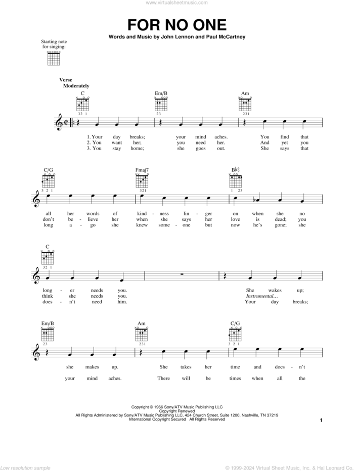 For No One sheet music for guitar solo (chords) by The Beatles, John Lennon and Paul McCartney, easy guitar (chords)