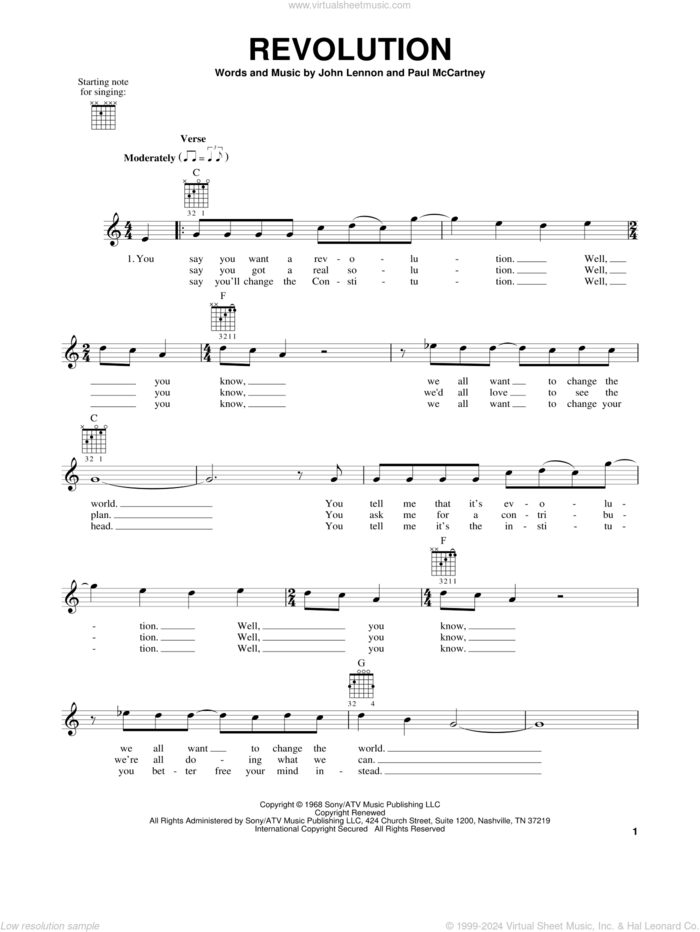 Revolution sheet music for guitar solo (chords) by The Beatles, John Lennon and Paul McCartney, easy guitar (chords)