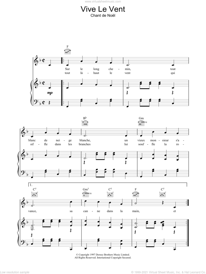 Vive Le Vent sheet music for voice, piano or guitar  and Chant De Noel, intermediate skill level