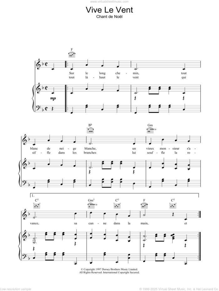 Vive Le Vent sheet music for voice, piano or guitar  and Chant De Noel, intermediate skill level