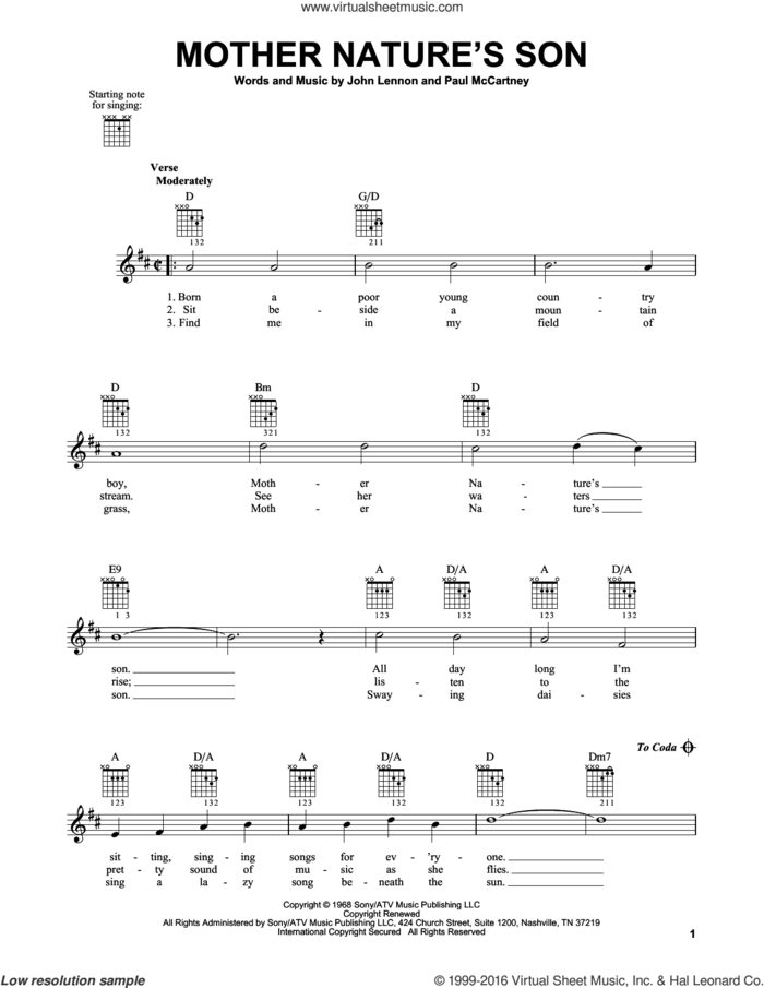 Mother Nature's Son sheet music for guitar solo (chords) by The Beatles, John Lennon and Paul McCartney, easy guitar (chords)