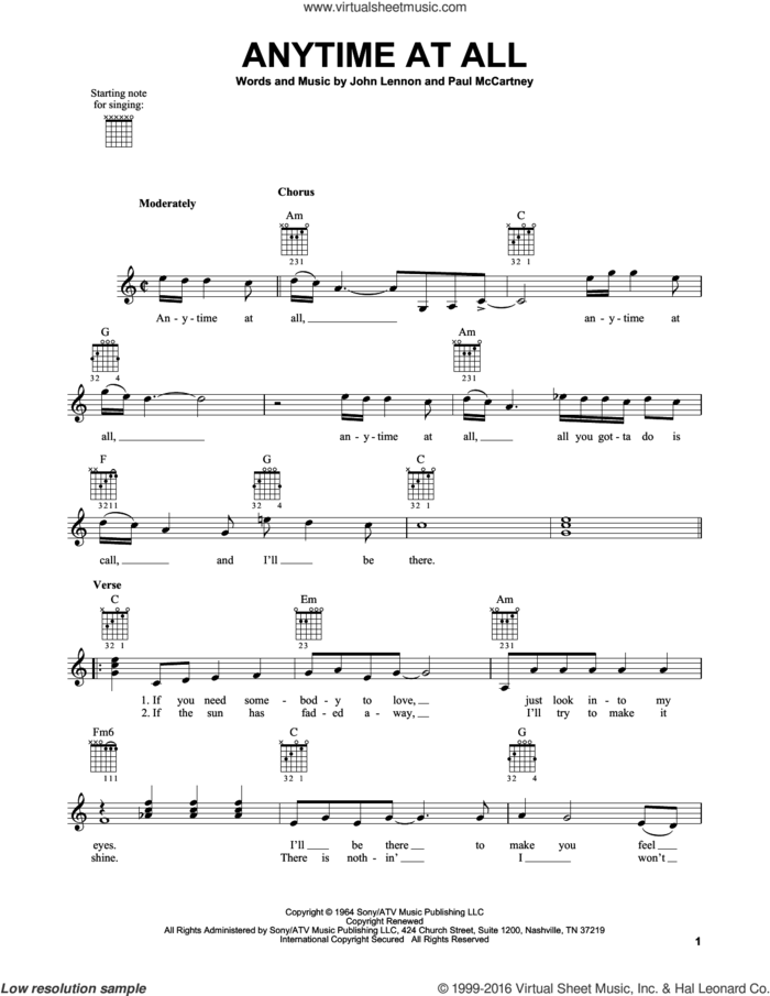 Anytime At All sheet music for guitar solo (chords) by The Beatles, John Lennon and Paul McCartney, easy guitar (chords)
