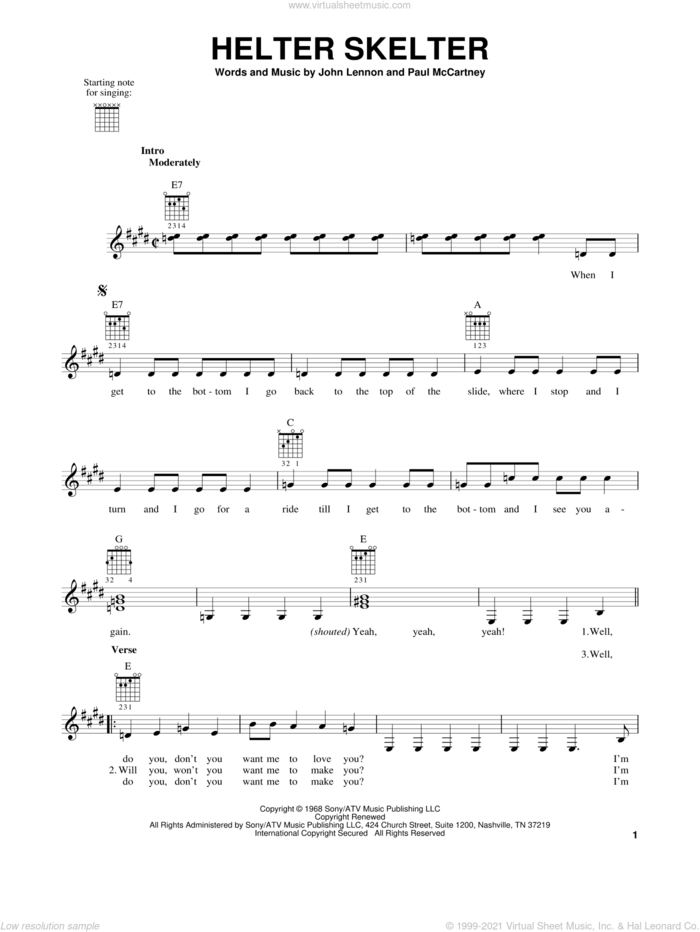 Helter Skelter sheet music for guitar solo (chords) by The Beatles, Motley Crue, John Lennon and Paul McCartney, easy guitar (chords)