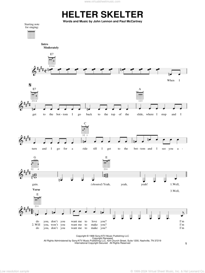 Helter Skelter sheet music for guitar solo (chords) by The Beatles, Motley Crue, John Lennon and Paul McCartney, easy guitar (chords)