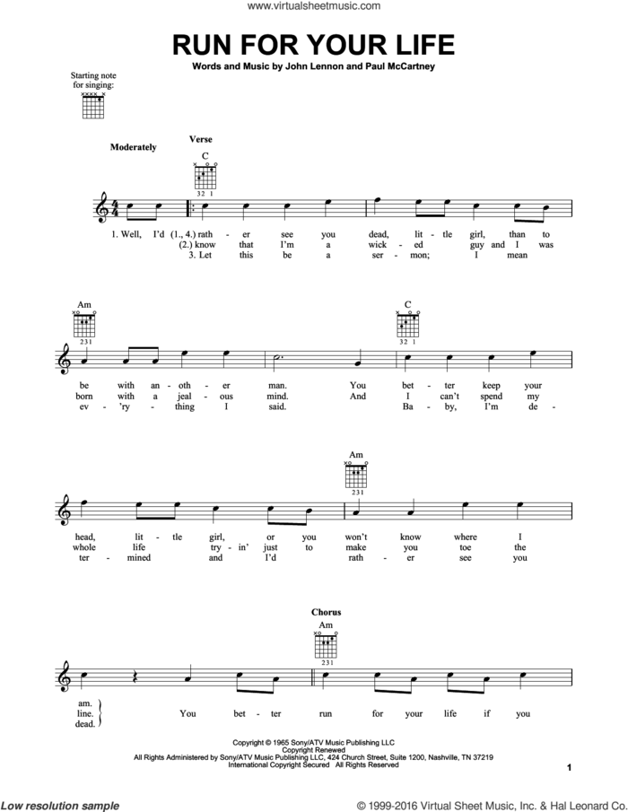 Run For Your Life sheet music for guitar solo (chords) by The Beatles, John Lennon and Paul McCartney, easy guitar (chords)