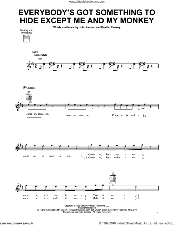 Everybody's Got Something To Hide Except Me And My Monkey sheet music for guitar solo (chords) by The Beatles, John Lennon and Paul McCartney, easy guitar (chords)