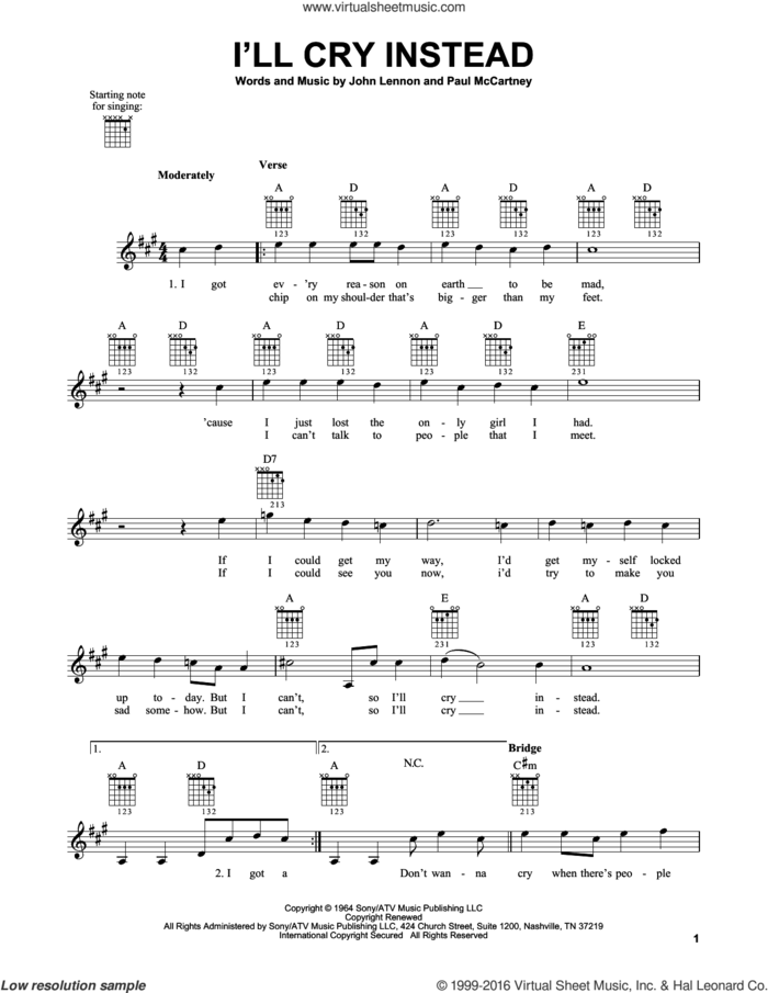 I'll Cry Instead sheet music for guitar solo (chords) by The Beatles, John Lennon and Paul McCartney, easy guitar (chords)