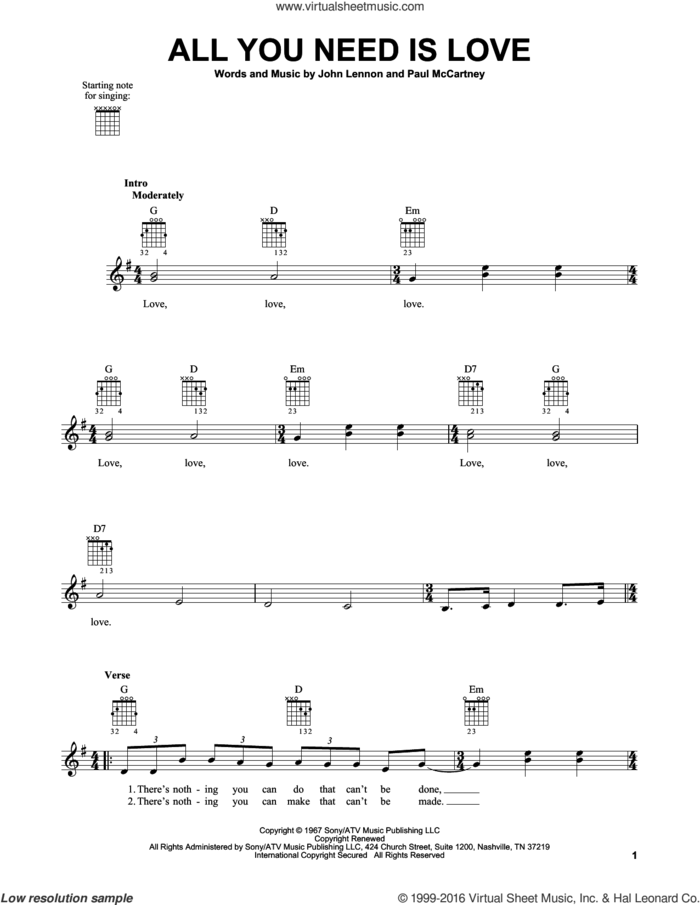All You Need Is Love sheet music for guitar solo (chords) by The Beatles, John Lennon and Paul McCartney, wedding score, easy guitar (chords)