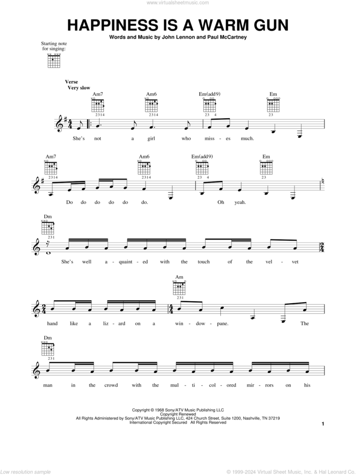 Happiness Is A Warm Gun sheet music for guitar solo (chords) by The Beatles, John Lennon and Paul McCartney, easy guitar (chords)