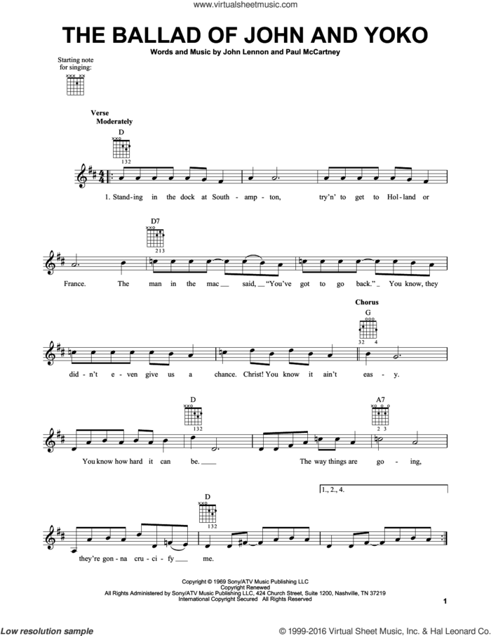 The Ballad Of John And Yoko sheet music for guitar solo (chords) by The Beatles, John Lennon and Paul McCartney, easy guitar (chords)