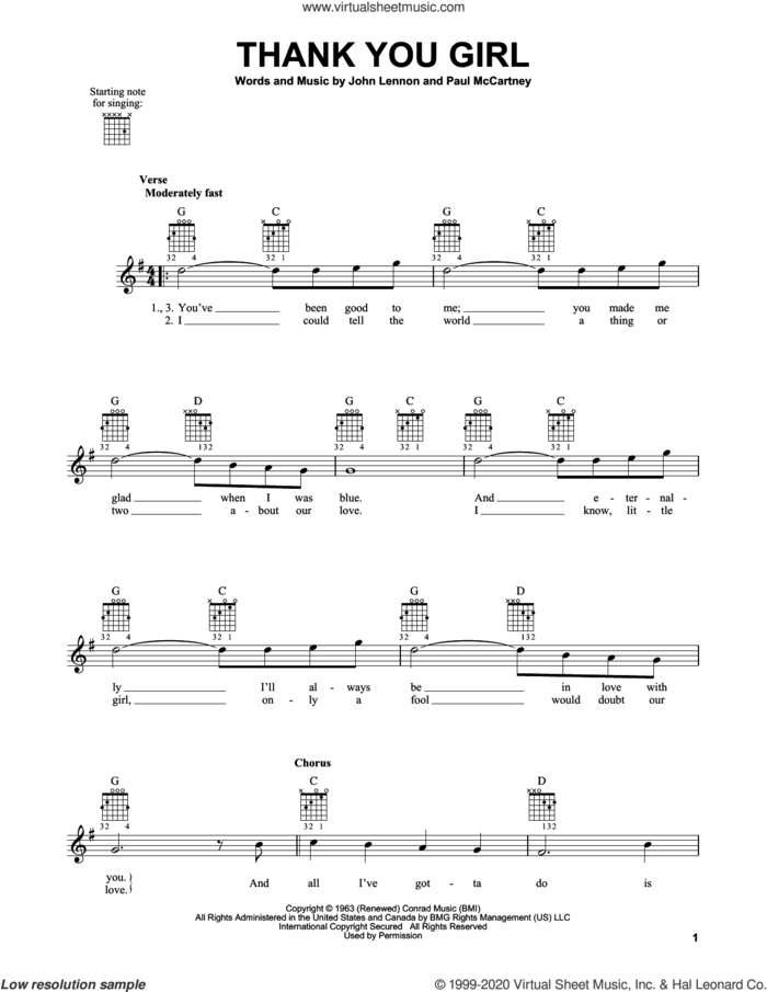 Thank You Girl sheet music for guitar solo (chords) by The Beatles, John Lennon and Paul McCartney, easy guitar (chords)