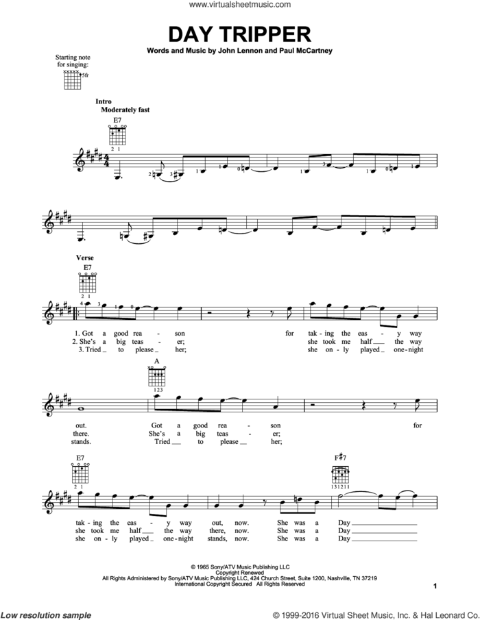 Day Tripper sheet music for guitar solo (chords) by The Beatles, John Lennon and Paul McCartney, easy guitar (chords)