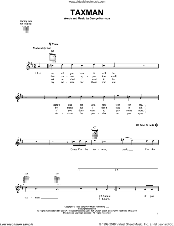 Taxman sheet music for guitar solo (chords) by The Beatles and George Harrison, easy guitar (chords)