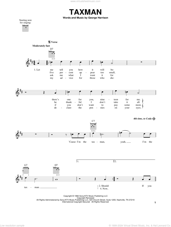 Taxman sheet music for guitar solo (chords) by The Beatles and George Harrison, easy guitar (chords)