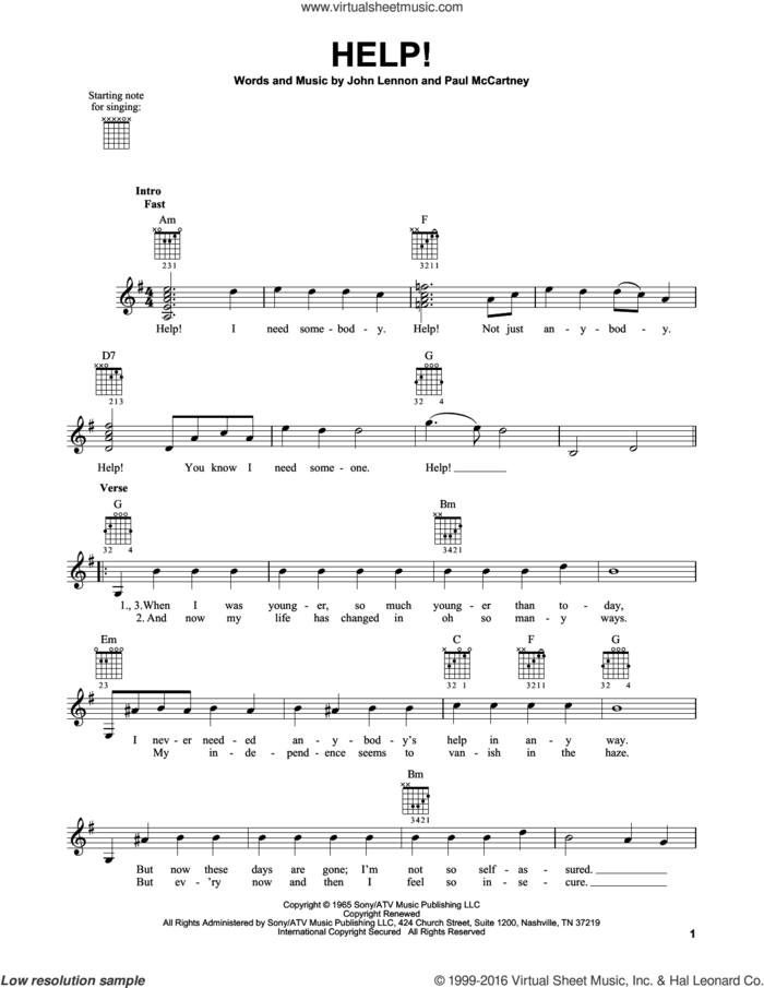 Help! sheet music for guitar solo (chords) by The Beatles, John Lennon and Paul McCartney, easy guitar (chords)