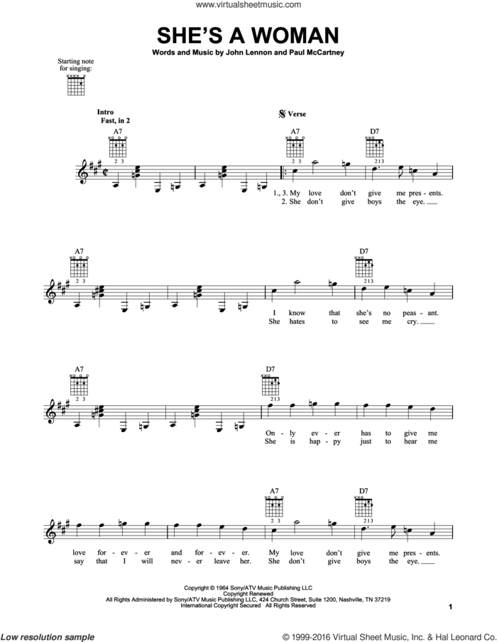 She's A Woman sheet music for guitar solo (chords) by The Beatles, John Lennon and Paul McCartney, easy guitar (chords)