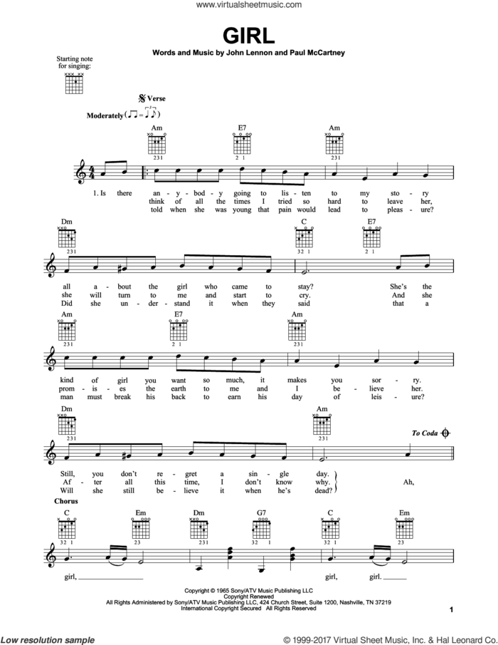 Girl sheet music for guitar solo (chords) by The Beatles, John Lennon and Paul McCartney, easy guitar (chords)