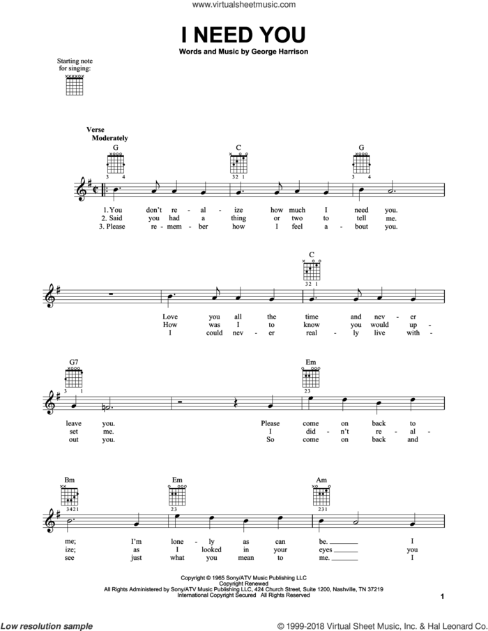 I Need You sheet music for guitar solo (chords) by The Beatles and George Harrison, easy guitar (chords)