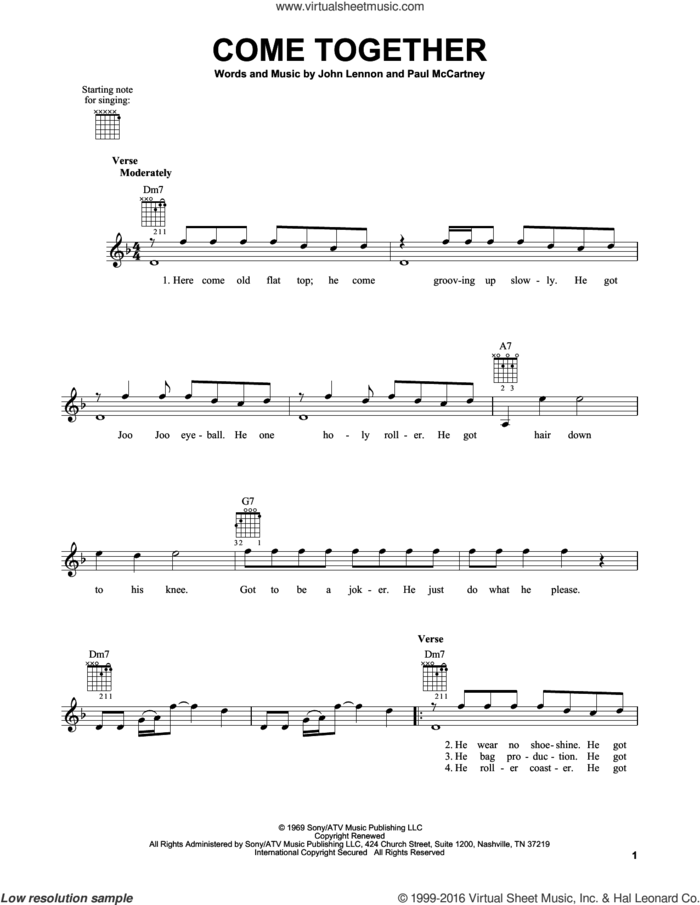 Come Together sheet music for guitar solo (chords) by The Beatles, Aerosmith, John Lennon and Paul McCartney, easy guitar (chords)