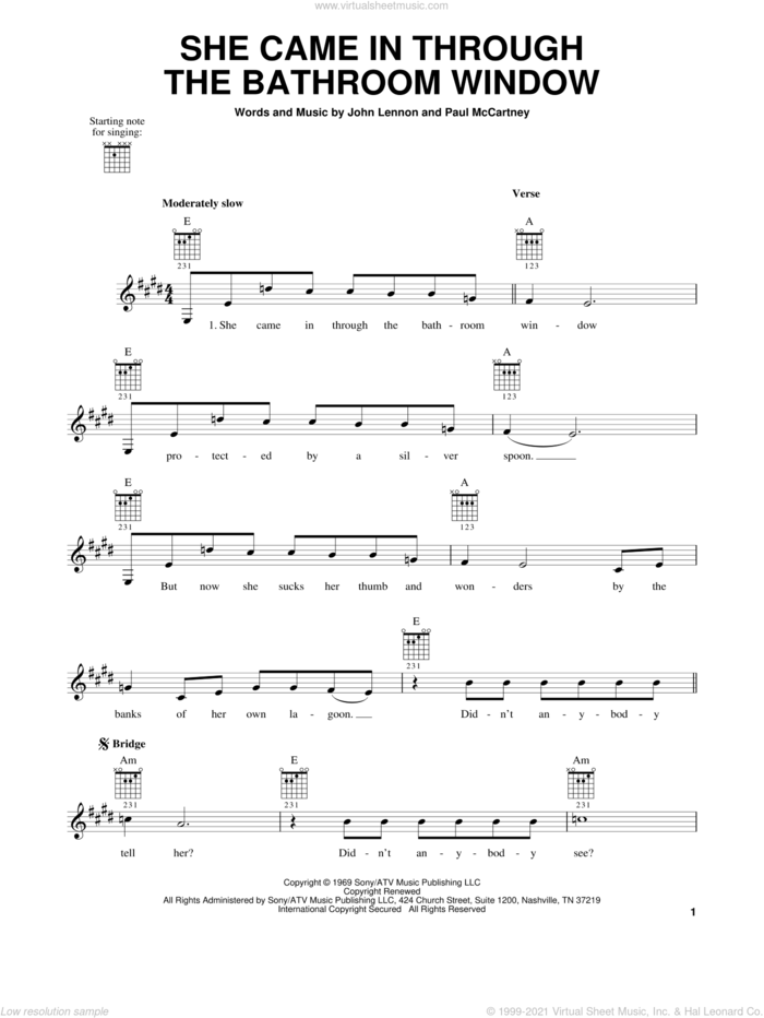 She Came In Through The Bathroom Window sheet music for guitar solo (chords) by The Beatles, Joe Cocker, John Lennon and Paul McCartney, easy guitar (chords)