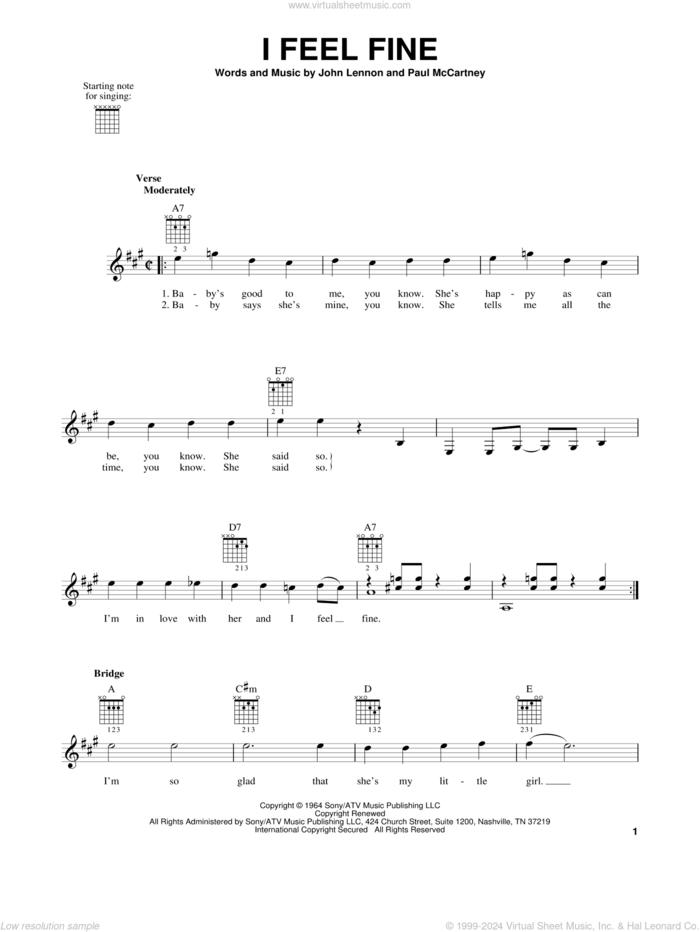 I Feel Fine sheet music for guitar solo (chords) by The Beatles, John Lennon and Paul McCartney, easy guitar (chords)