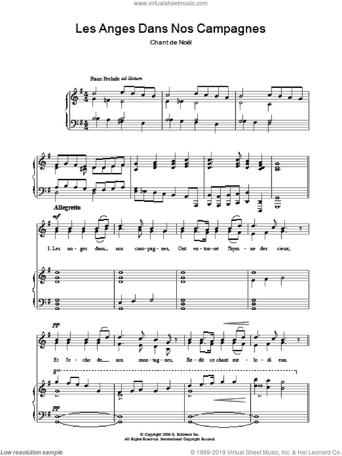 Les Anges Dans Nos Campagnes sheet music for voice, piano or guitar  and Chant De Noel, intermediate skill level
