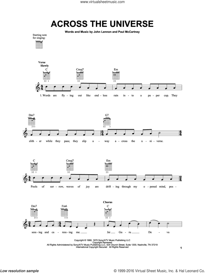 Across The Universe sheet music for guitar solo (chords) by The Beatles, John Lennon and Paul McCartney, easy guitar (chords)