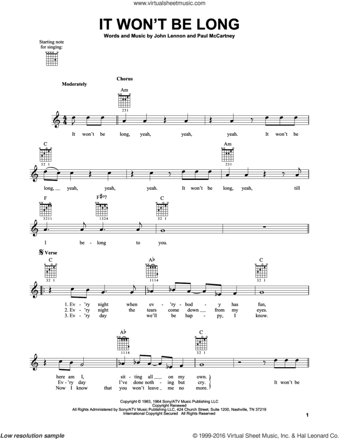 It Won't Be Long sheet music for guitar solo (chords) by The Beatles, John Lennon and Paul McCartney, easy guitar (chords)