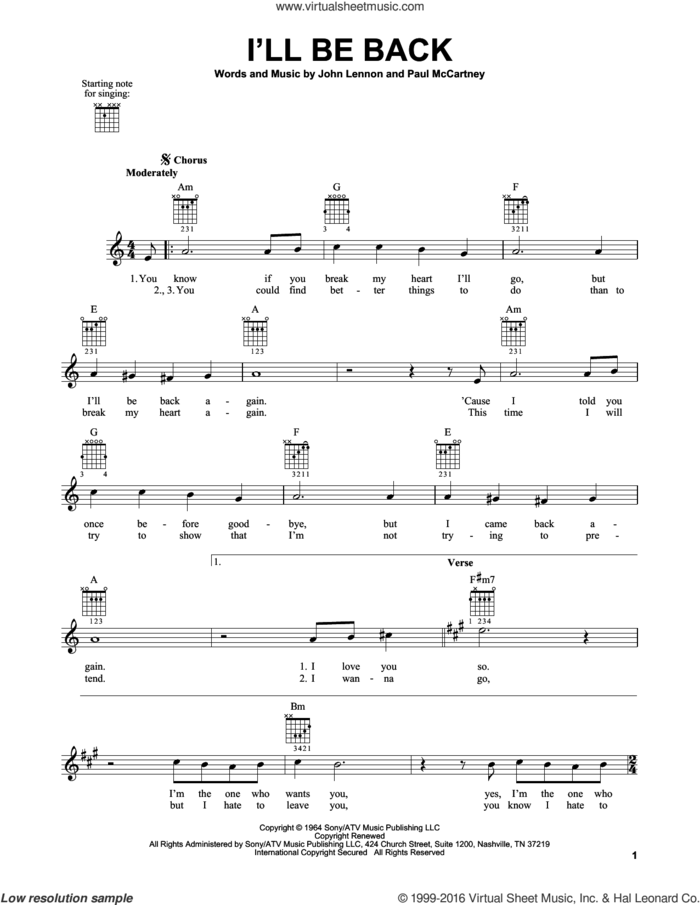 I'll Be Back sheet music for guitar solo (chords) by The Beatles, John Lennon and Paul McCartney, easy guitar (chords)