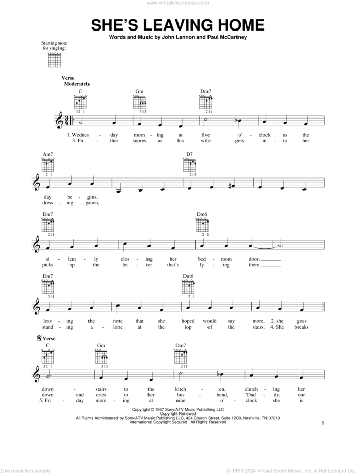 She's Leaving Home sheet music for guitar solo (chords) by The Beatles, John Lennon and Paul McCartney, easy guitar (chords)