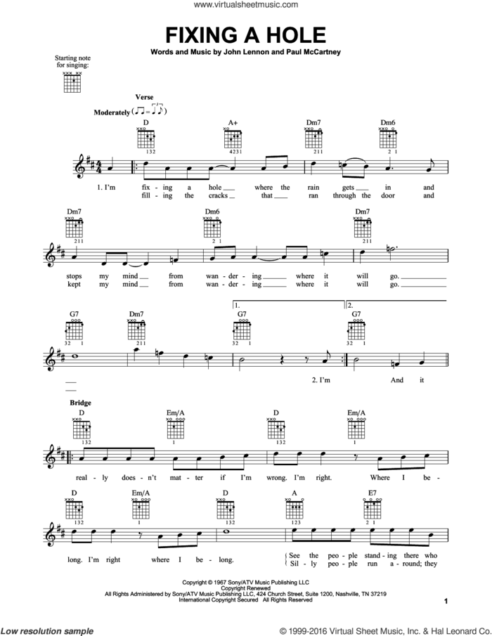 Fixing A Hole sheet music for guitar solo (chords) by The Beatles, John Lennon and Paul McCartney, easy guitar (chords)
