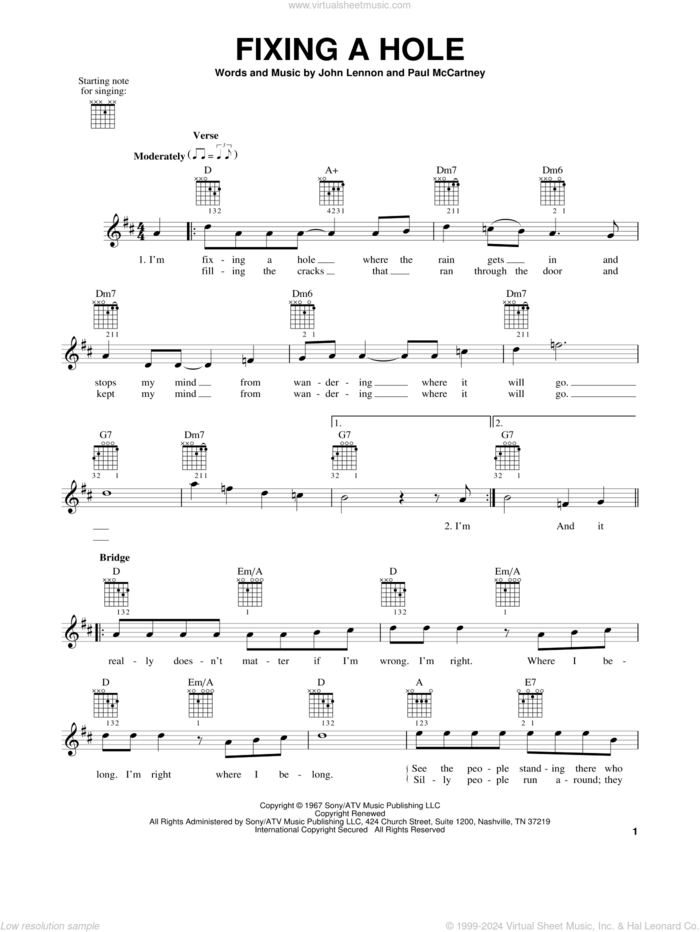 Fixing A Hole sheet music for guitar solo (chords) by The Beatles, John Lennon and Paul McCartney, easy guitar (chords)