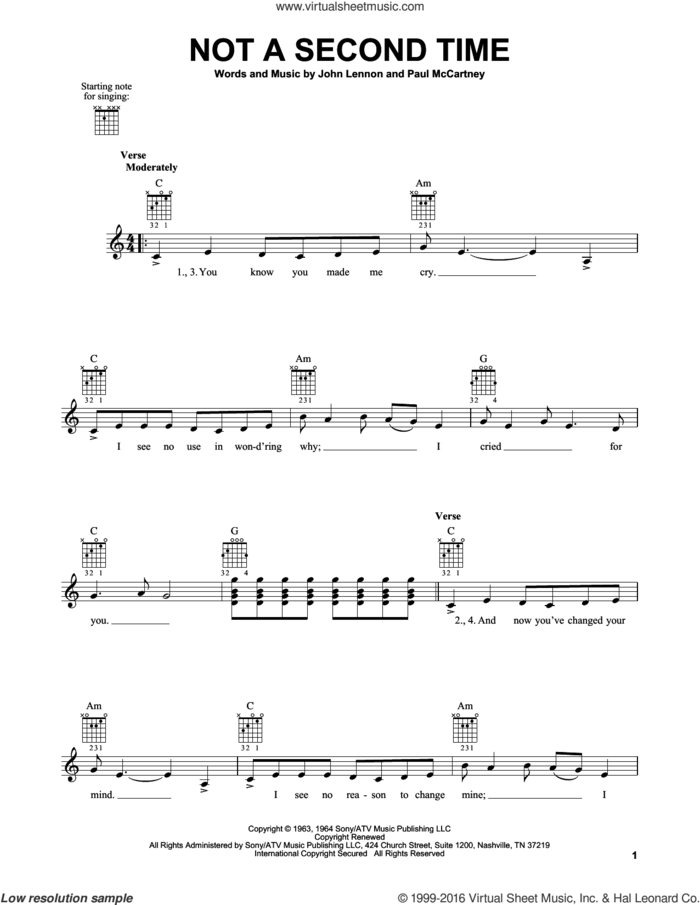 Not A Second Time sheet music for guitar solo (chords) by The Beatles, John Lennon and Paul McCartney, easy guitar (chords)