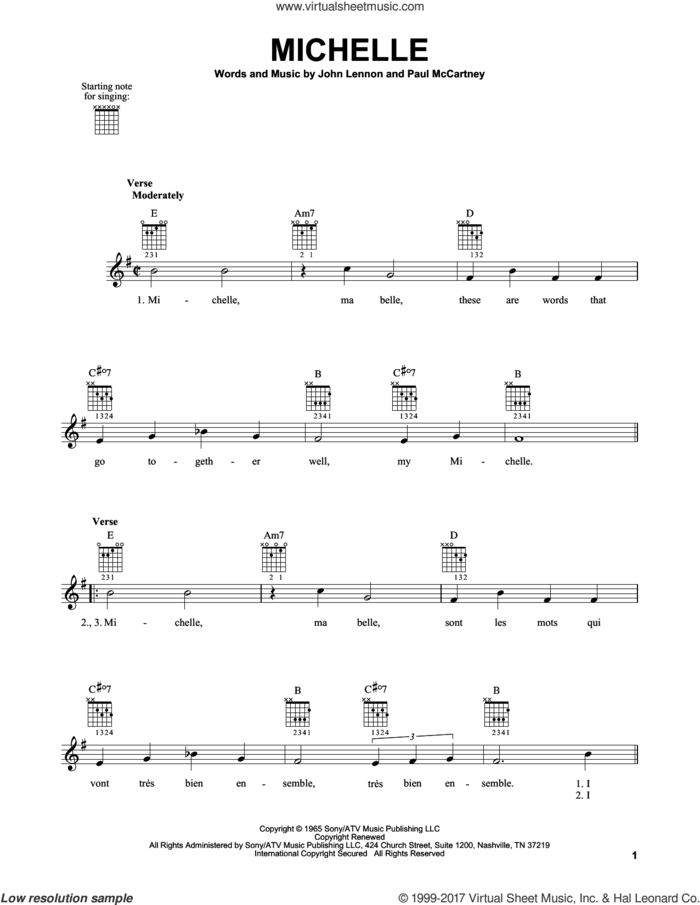 Michelle sheet music for guitar solo (chords) by The Beatles, John Lennon and Paul McCartney, easy guitar (chords)