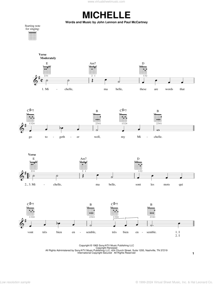 Michelle sheet music for guitar solo (chords) by The Beatles, John Lennon and Paul McCartney, easy guitar (chords)