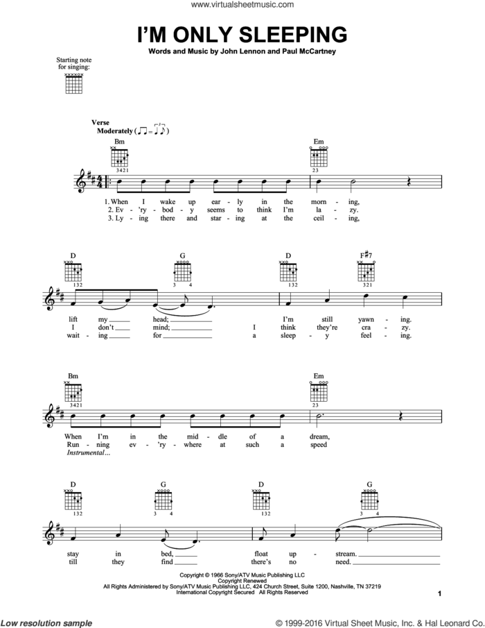 I'm Only Sleeping sheet music for guitar solo (chords) by The Beatles, John Lennon and Paul McCartney, easy guitar (chords)