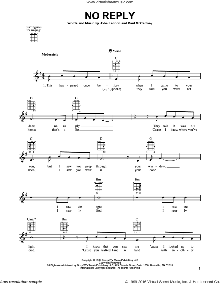 No Reply sheet music for guitar solo (chords) by The Beatles, John Lennon and Paul McCartney, easy guitar (chords)