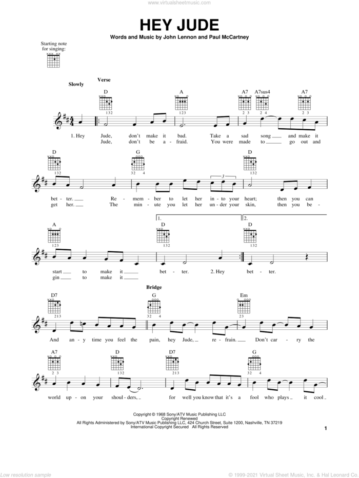 Hey Jude sheet music for guitar solo (chords) by The Beatles, John Lennon and Paul McCartney, easy guitar (chords)