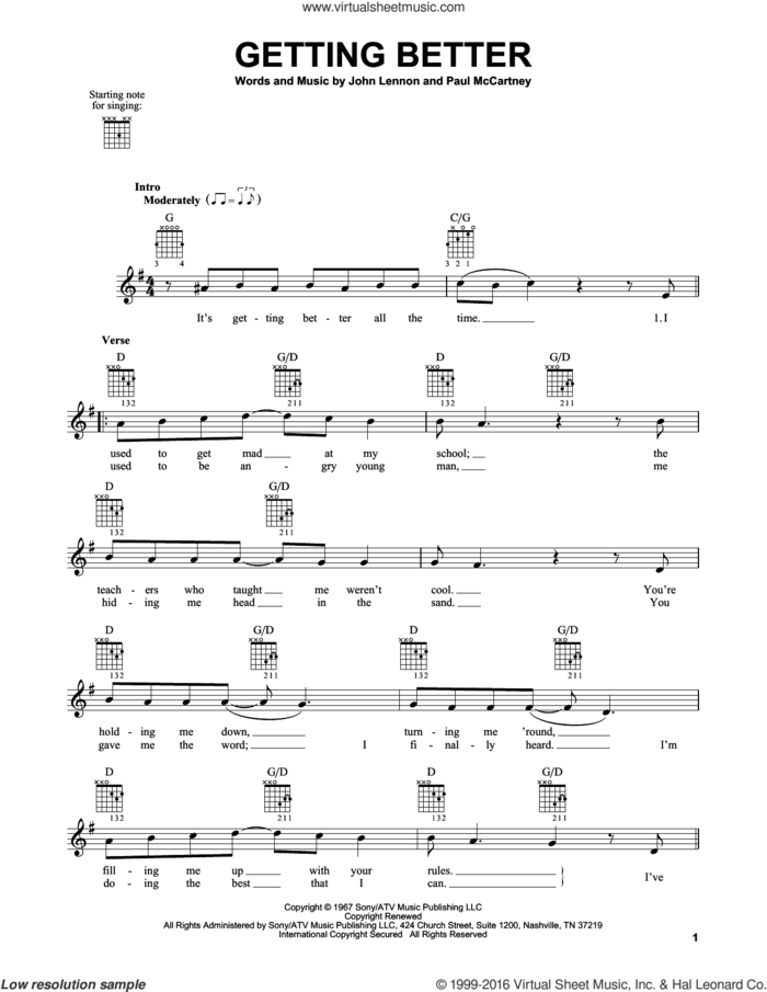 Getting Better sheet music for guitar solo (chords) by The Beatles, John Lennon and Paul McCartney, easy guitar (chords)