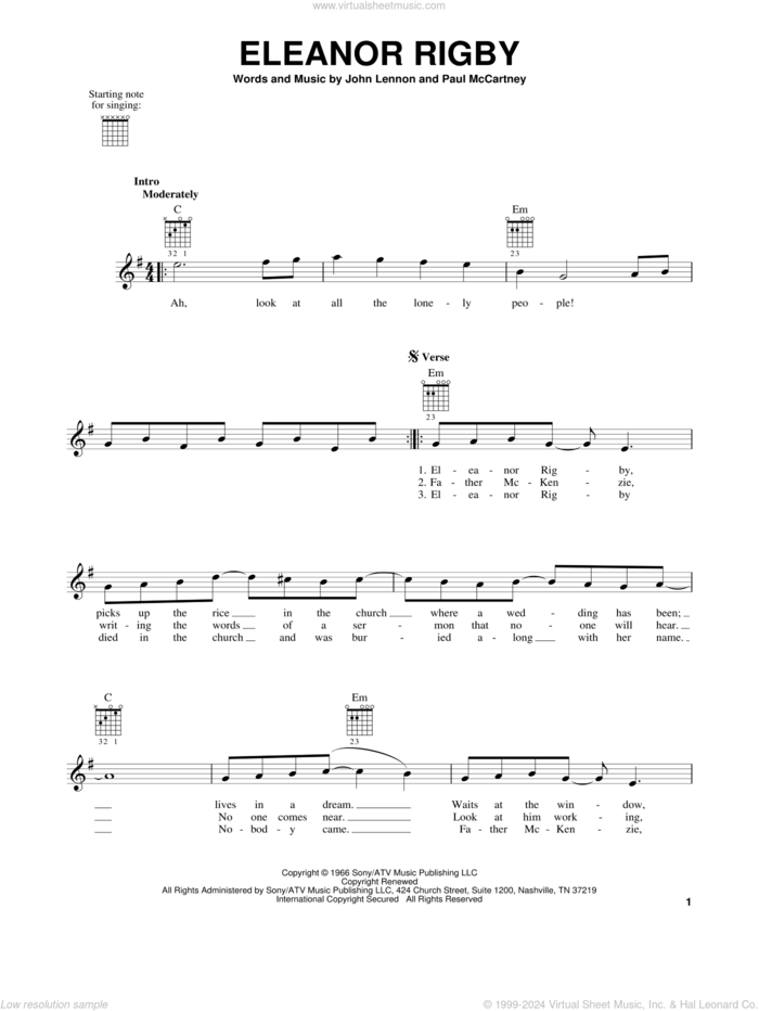 Eleanor Rigby, (easy) sheet music for guitar solo (chords) by The Beatles, David Cook, John Lennon and Paul McCartney, easy guitar (chords)